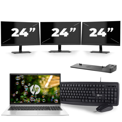 Refurbished HP EliteBook 855 G7 - AMD Ryzen 7 PRO 4750U - 15 inch - 16GB RAM - 256GB SSD - Windows 11 Home + 3x 24 inch Monitor Tweedehands