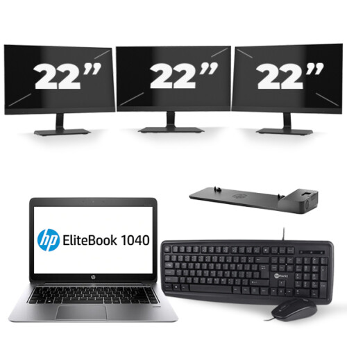 Refurbished HP EliteBook Folio 1040 G3 - Intel Core i5-6e Generatie - 14 inch - 8GB RAM - 256GB SSD - Windows 11 + 3x 22 inch Monitor Tweedehands
