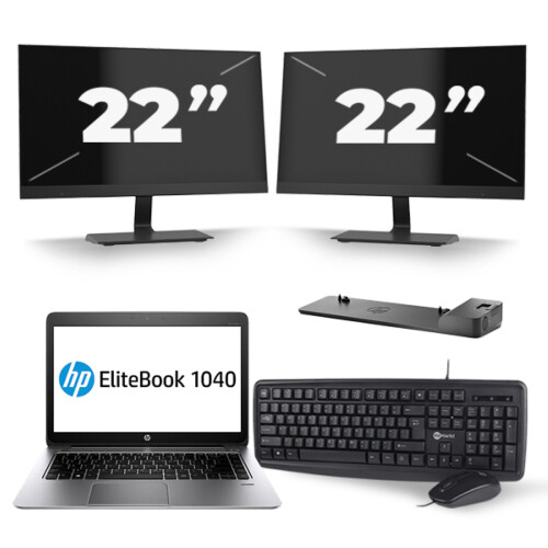 Refurbished HP EliteBook Folio 1040 G3 - Intel Core i5-6e Generatie - 14 inch - 8GB RAM - 256GB SSD - Windows 11 + 2x 22 inch Monitor Tweedehands