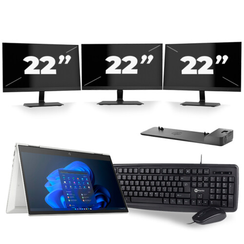 Refurbished HP EliteBook x360 830 G8 - Intel Core i5-11e Generatie - 13 inch - 16GB RAM - 256GB SSD - Windows 11 Home + 3x 22 inch Monitor Tweedehands