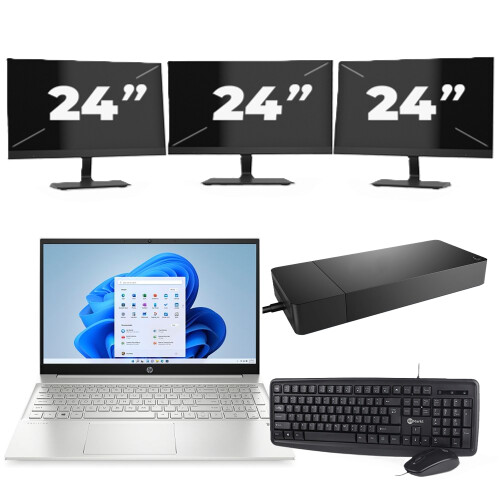 Refurbished HP Pavilion 15-EG2 - Intel Core i5-12e Generatie - 15 inch - 8GB RAM - 256GB SSD - Windows 11 Home + 3x 24 inch Monitor Tweedehands