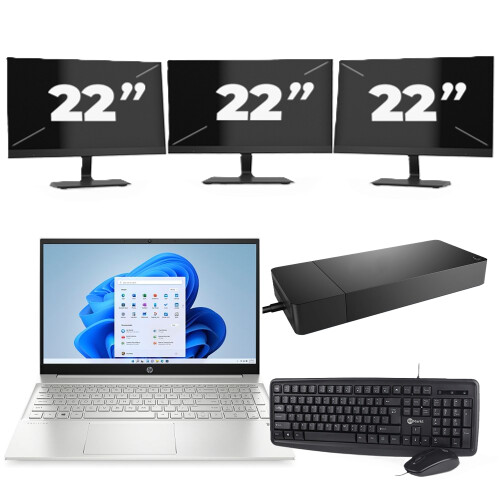 Refurbished HP Pavilion 15-EG2 - Intel Core i5-12e Generatie - 15 inch - 8GB RAM - 256GB SSD - Windows 11 Home + 3x 22 inch Monitor Tweedehands
