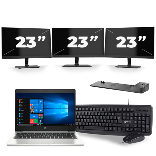 Refurbished HP ProBook 445 G7 - AMD Ryzen 5 4500U - 14 inch - 8GB RAM - 256GB SSD - Windows 10 + 3x 23 inch Monitor Tweedehands