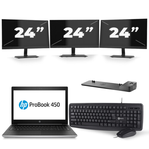 Refurbished HP ProBook 450 G5 - Intel Core i5-8e Generatie - 15 inch - 8GB RAM - 256GB SSD - Windows 11 + 3x 24 inch Monitor Tweedehands