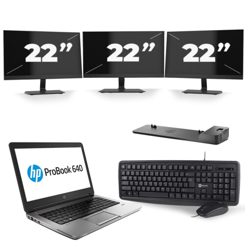 Refurbished HP ProBook 640 G4 - Intel Core i3-8e Generatie - 14 inch - 8GB RAM - 256GB SSD - Windows 11 + 3x 22 inch Monitor Tweedehands