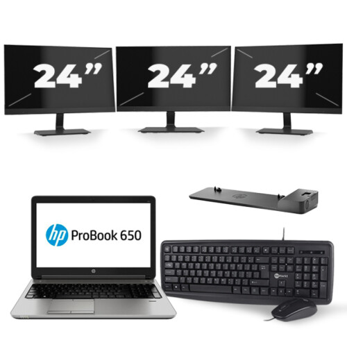 Refurbished HP ProBook 650 G3 - Intel Core i5-7e Generatie - 15 inch - 8GB RAM - 256GB SSD - Windows 11 + 3x 24 inch Monitor Tweedehands