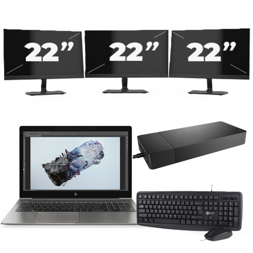 Refurbished HP ZBook 15u G6 - Intel Core i7-8e Generatie - 15 inch - 16GB RAM - 256GB SSD - Windows 11 + 3x 22 inch Monitor Tweedehands