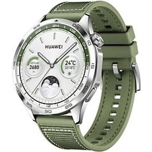 Refurbished Huawei Watch GT 4 46 mm zilver met geworven stoffen armband groen Tweedehands