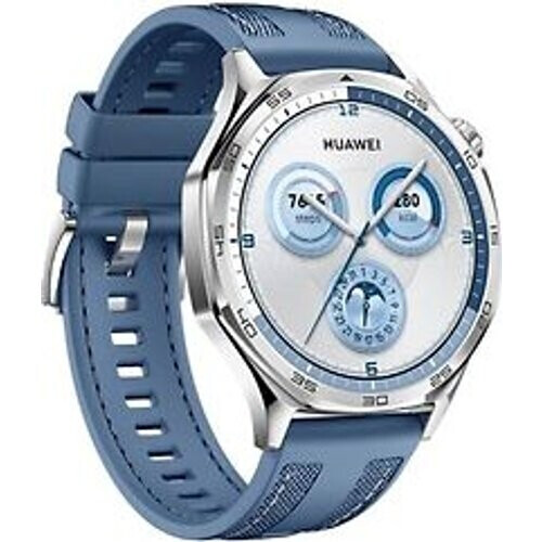 Refurbished Huawei Watch GT 5 46 mm roestvrij stalen kast zilver met bandje van geweven nylon blauw Tweedehands