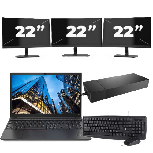 Refurbished Lenovo E15 - Intel Core i3-10e Generatie - 15 inch - 16GB RAM - 256GB SSD - Windows 11 Home + 3x 22 inch Monitor Tweedehands