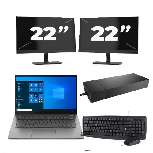 Refurbished Lenovo ThinkBook 14 G3 ACL - AMD Ryzen 7 5700U - 14 inch - 16GB RAM - 256GB SSD - Windows 11 Home + 2x 22 inch Monitor Tweedehands