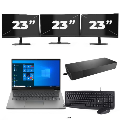 Refurbished Lenovo ThinkBook 14 G3 ACL - AMD Ryzen 7 5700U - 14 inch - 16GB RAM - 256GB SSD - Windows 11 Home + 3x 23 inch Monitor Tweedehands
