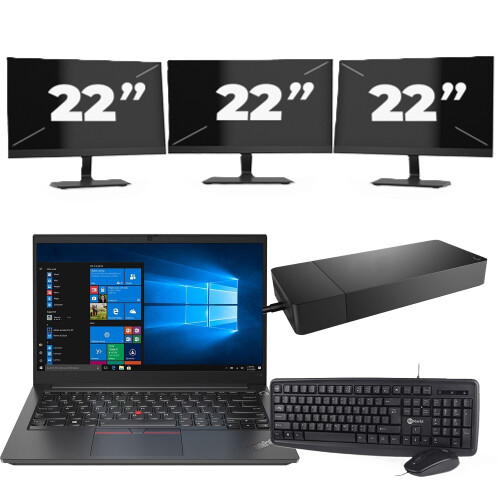 Refurbished Lenovo ThinkPad E14 Gen 2 - Intel Core i3-11e Generatie - 14 inch - 8GB RAM - 256GB SSD - Windows 11 Home + 3x 22 inch Monitor Tweedehands
