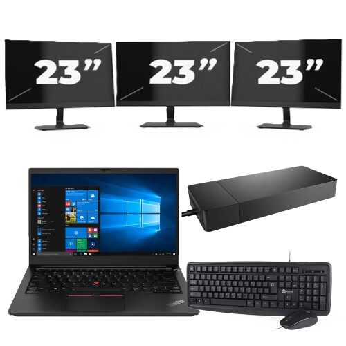 Refurbished Lenovo ThinkPad E14 Gen 3 - AMD Ryzen 3 5300U - 14 inch - 16GB RAM - 256GB SSD - Windows 11 Home + 3x 23 inch Monitor Tweedehands