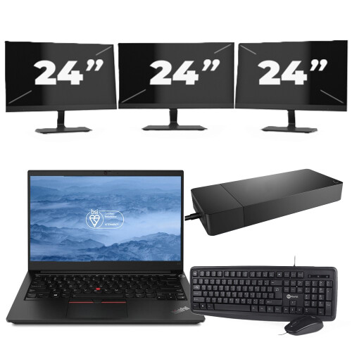 Refurbished Lenovo ThinkPad E14 - Intel Core i3-10e Generatie - 14 inch - 16GB RAM - 256GB SSD - Windows 11 + 3x 24 inch Monitor Tweedehands