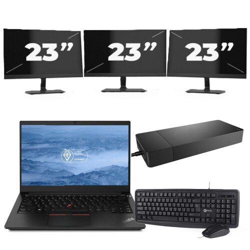 Refurbished Lenovo ThinkPad E14 - Intel Core i3-10e Generatie - 14 inch - 16GB RAM - 256GB SSD - Windows 11 + 3x 23 inch Monitor Tweedehands
