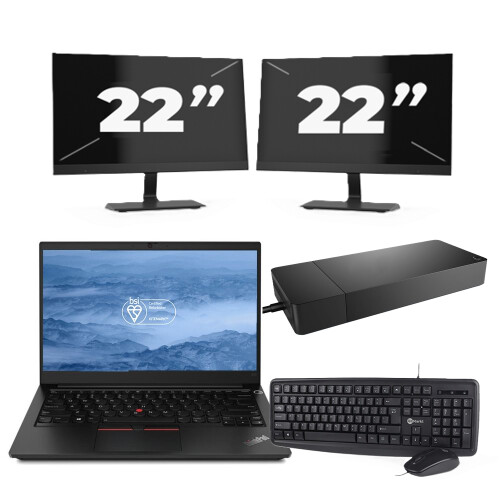 Refurbished Lenovo ThinkPad E14 - Intel Core i3-10e Generatie - 14 inch - 8GB RAM - 256GB SSD - Windows 11 + 2x 22 inch Monitor Tweedehands