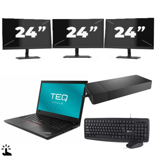 Refurbished Lenovo ThinkPad T480 - Intel Core i3-8e Generatie - 14 inch - Touch - 8GB RAM - 256GB SSD - Windows 11 + 3x 24 inch Monitor Tweedehands