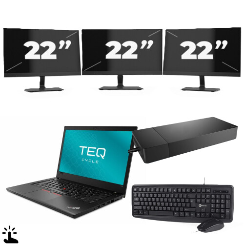 Refurbished Lenovo ThinkPad T480 - Intel Core i3-8e Generatie - 14 inch - Touch - 8GB RAM - 256GB SSD - Windows 11 + 3x 22 inch Monitor Tweedehands