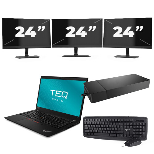 Refurbished Lenovo ThinkPad T490s - Intel Core i7-8e Generatie - 14 inch - 16GB RAM - 256GB SSD - Windows 11 Home + 3x 24 inch Monitor Tweedehands