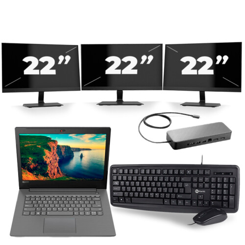 Refurbished Lenovo V330-14IKB - Intel Core i3-8e Generatie - 14 inch - 8GB RAM - 256GB SSD - Windows 11 + 3x 22 inch Monitor Tweedehands