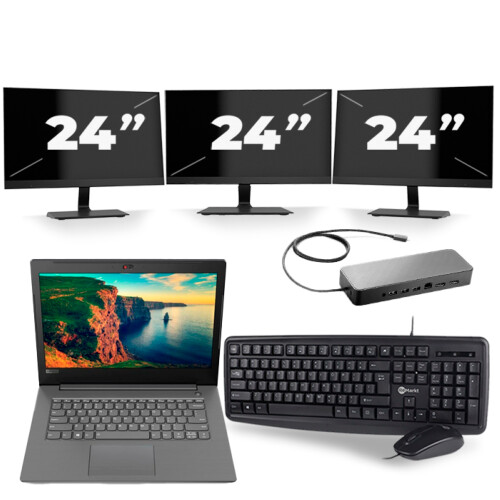 Refurbished Lenovo V330-14IKB - Intel Core i3-8e Generatie - 14 inch - 8GB RAM - 256GB SSD - Windows 11 + 3x 24 inch Monitor Tweedehands