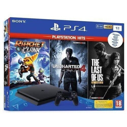 Refurbished PlayStation 4 Slim 500GB - Zwart + The Last of Us Remastered + Ratchet & Clank + Uncharted 4 A Thief's End Tweedehands