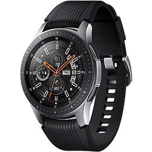 Refurbished Samsung Galaxy Watch 46 mm zilver met siliconenarmband [wifi + 4G] zwart Tweedehands