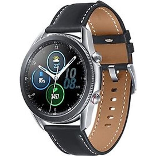 Refurbished Samsung Galaxy Watch3 45 mm roestvrijstalen behuizing zilver met zwarte leren polsband [Wifi] Tweedehands