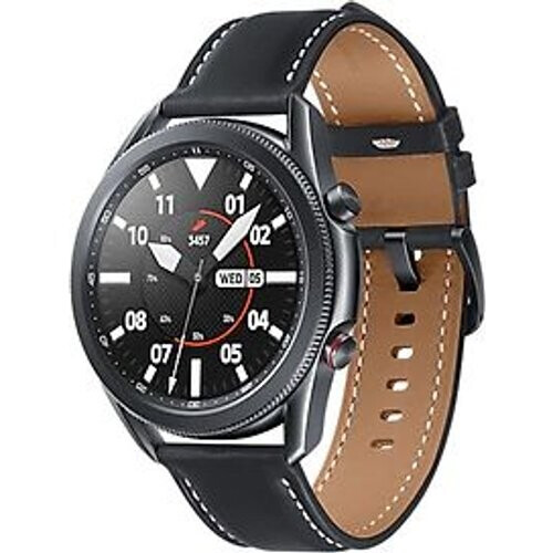 Refurbished Samsung Galaxy Watch3 45 mm roestvrijstalen behuizing zwart met zwarte leren polsband [Wifi] Tweedehands