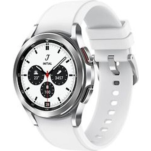 Refurbished Samsung Galaxy Watch4 Classic 42 mm roestvrij stalen kast zilver op siliconen bandje wit [wifi + 4G] Tweedehands