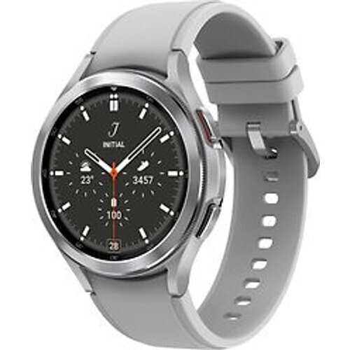 Refurbished Samsung Galaxy Watch4 Classic 46 mm roestvrij stalen kast zilver op siliconen bandje zilver [wifi + 4G] Tweedehands