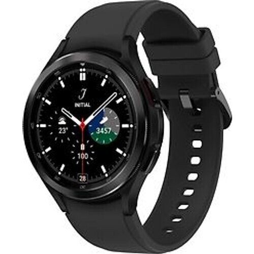 Refurbished Samsung Galaxy Watch4 Classic 46 mm roestvrij stalen kast zwart op siliconen bandje zwart [wifi + 4G] Tweedehands