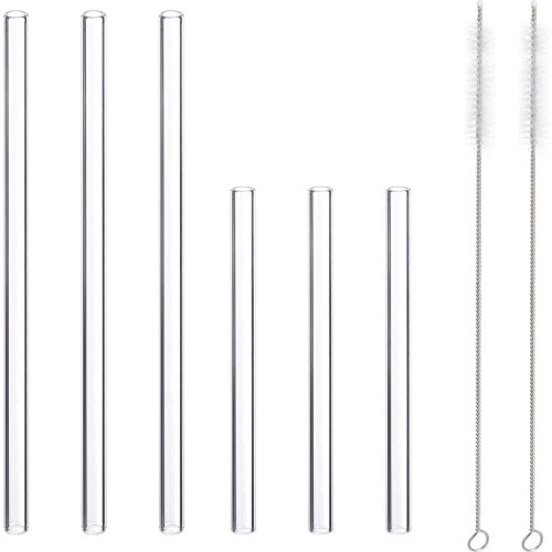 Relaxdays glazen rietjes - herbruikbaar - 6 stuks - met schoonmaakborstels (6 stuks)