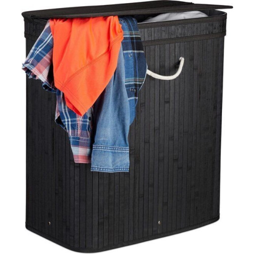 relaxdays wasmand met deksel - bamboe wasbox - 2 vakken - zwart