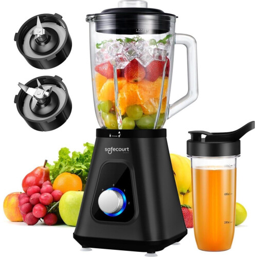 Safecourt Kitchen Blender - 1,5L Glas & 600ml To-Go beker - 1200W Krachtig & Stil - Zilver Tweedehands