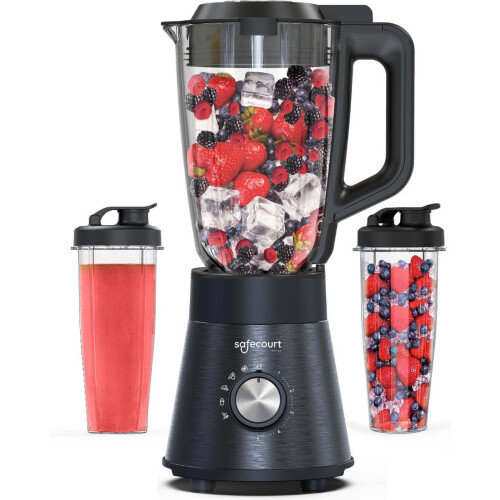 Safecourt Kitchen Power Blender - 1,5L Glas&2x 600ml To-Go beker - 1300W Krachtig&Stil - RVS Tweedehands