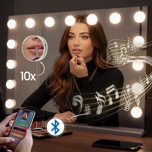 Sansbeauté® Hollywood Spiegel - Make Up Spiegel - 15 Dimbare LED-Lampen - 10X Vergroting - Bluetooth - 58x43cm