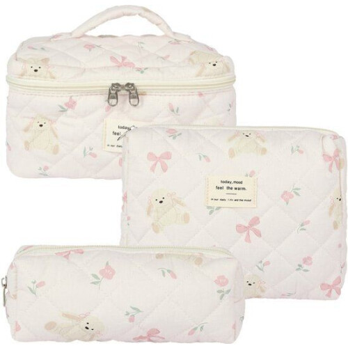 SC Travel Essentials - 3-delige Make-up Tas Set - Eco-vriendelijk Katoen - Gewatteerde Gebloemde