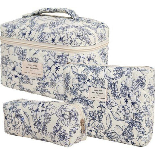SC Travel Essentials - 3-delige Make-up Tas Set - Eco-vriendelijk Katoen - Gewatteerde Gebloemde