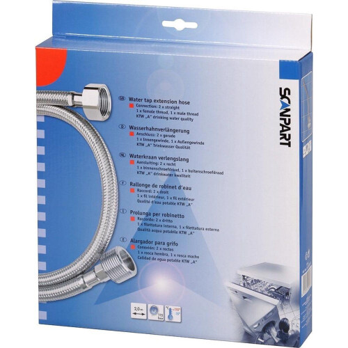 Scanpart F144 - Waterkraan Verlengslang 2M - 2 x recht - Buitenschroefdraad en binnenschroefdraad (1 stuk) Tweedehands