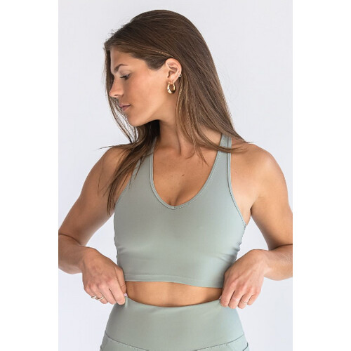 SEAAV dames vegan Sportbeha Top V Hals Dusty Sage Groen Tweedehands