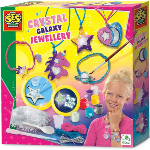 SES - Galaxy - Kristal sieraden - sieraden maken - mooie heldere kleuren verf - glow in the dark - complete set - knutselen meisjes