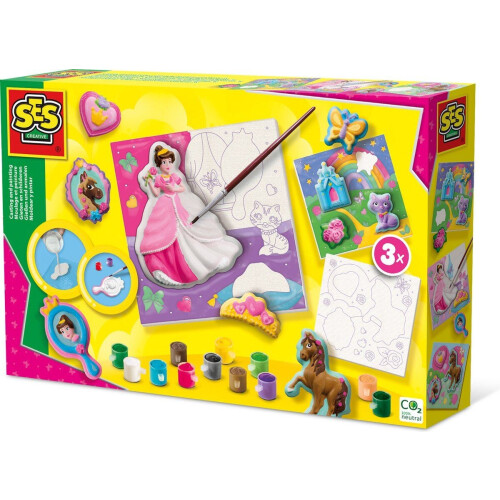 SES - Gieten en schilderen - Canvassen om te schilderen prinsessen 3x - gedetailleerde gietmal - 12 kleuren verf met penseel - knutselen meisjes
