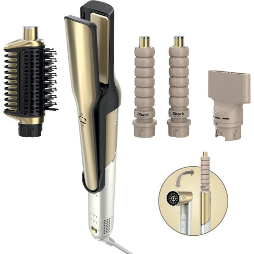 Shark Glam HD6041SEU - 4-in-1 Multistyler en Föhn - Silki Stijltang Glossi Opzetborstel 2 Krullers Concentrator - Goud/Wit
