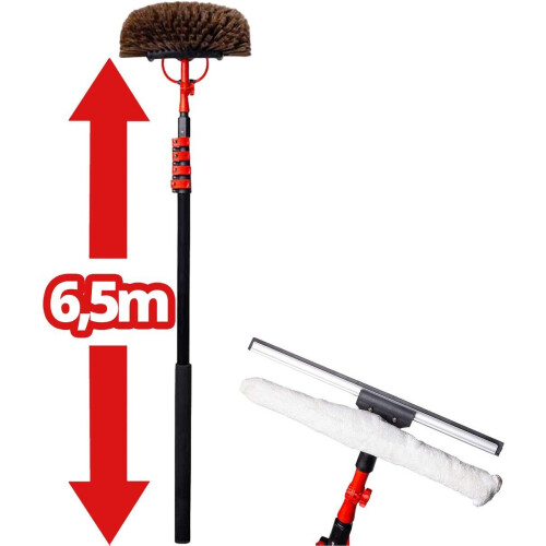 Shine Deluxe Telescopische Wasborstel - 6,5 Meter - Inclusief Raamwisser en Zeepdispenser - Zwart