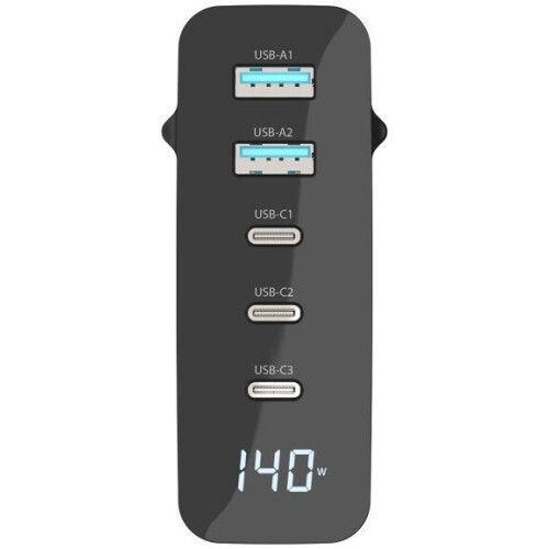 Sitecom CH-1003 - GaN Power Delivery Wandoplader 140 W - 2x USB type-A 3x USB type-C - LED-scherm Tweedehands
