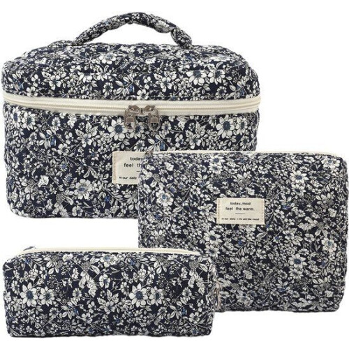 Skycases Travel Essentials - 3-delige Make-up Tas Set - Eco-vriendelijk Katoen - Gewatteerde Gebloemde Organizers - Kleur: Black Flowers