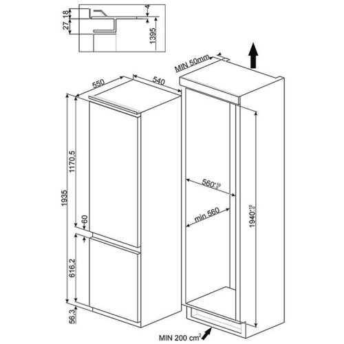 Smeg C3202F2P - Koel-vriescombinatie - 222 l koelkast 80 l vriezer - Ingebouwd Tweedehands
