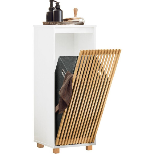 SoBuy BZR126-W - Staande Badkamerkast - 1 Kantelbare Wasmand Bamboe Deur - Wit 32x33x85 cm